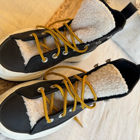 Converse Black and White High-Top Sneakers with Yellow Laces - Picture 3 of 9